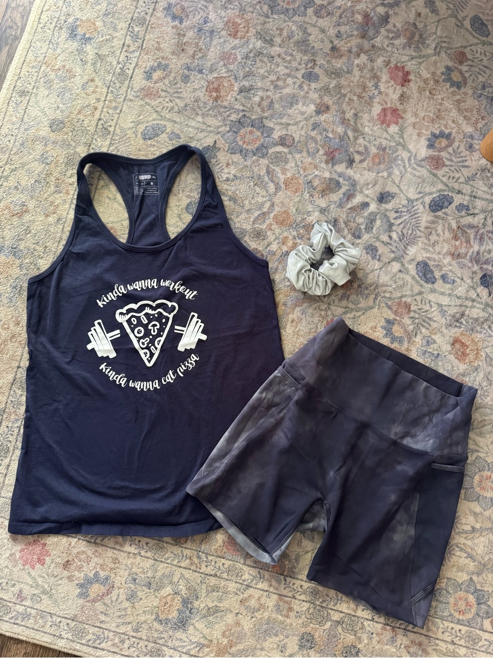 Athletic High-Rise Tie-Dye blue Workout Shorts with tank and matching scrunchy